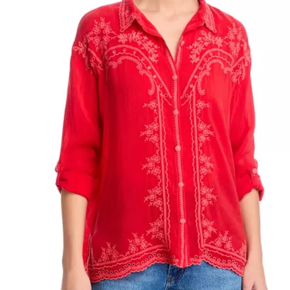 Johnny Was Red Embroidered Button-Front Shirt, XS. NWT.